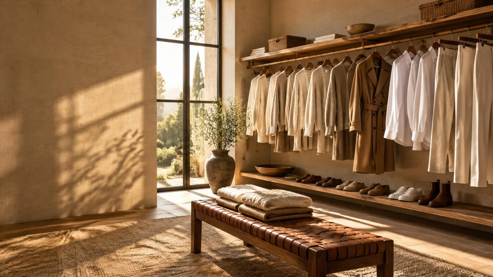 Sunlit walk-in closet with neutral garments, folded knits and shoes