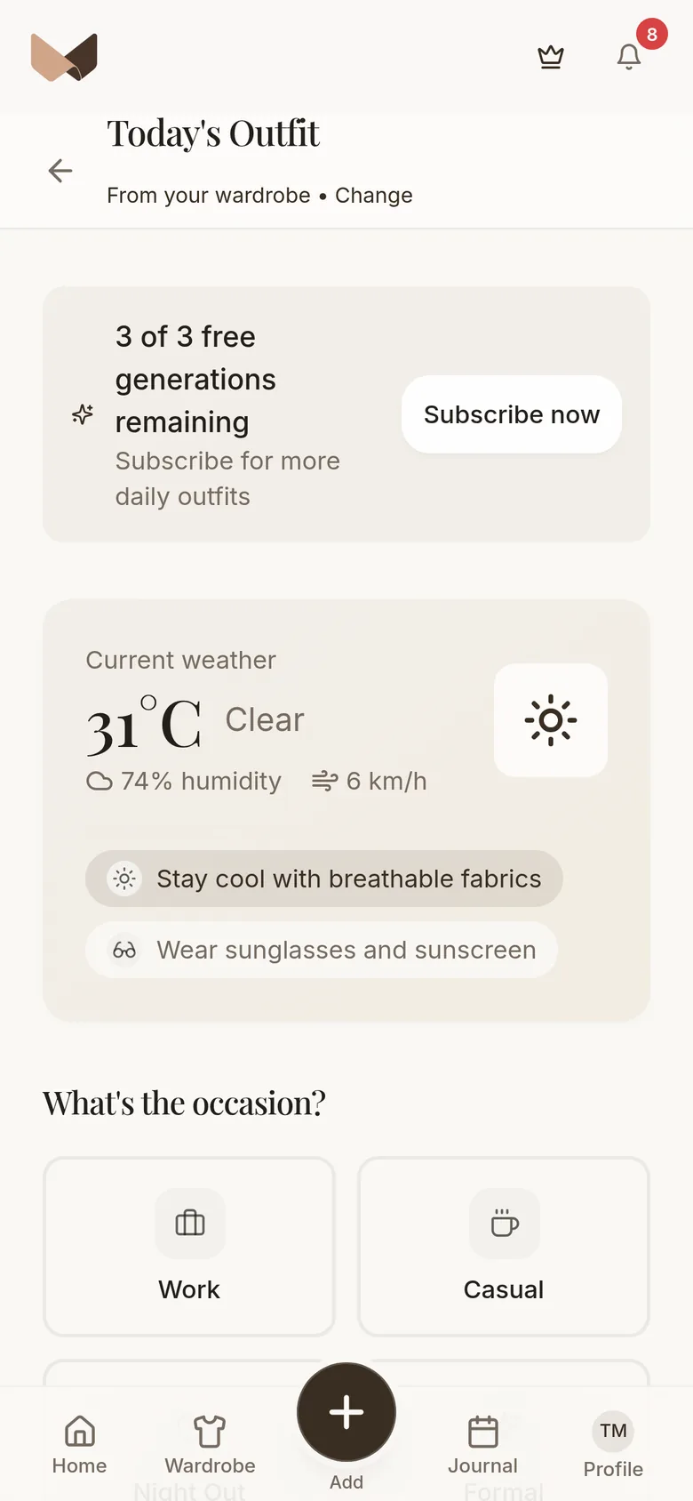 AI Wardrobe Today's Outfit screen with local weather and occasion choices
