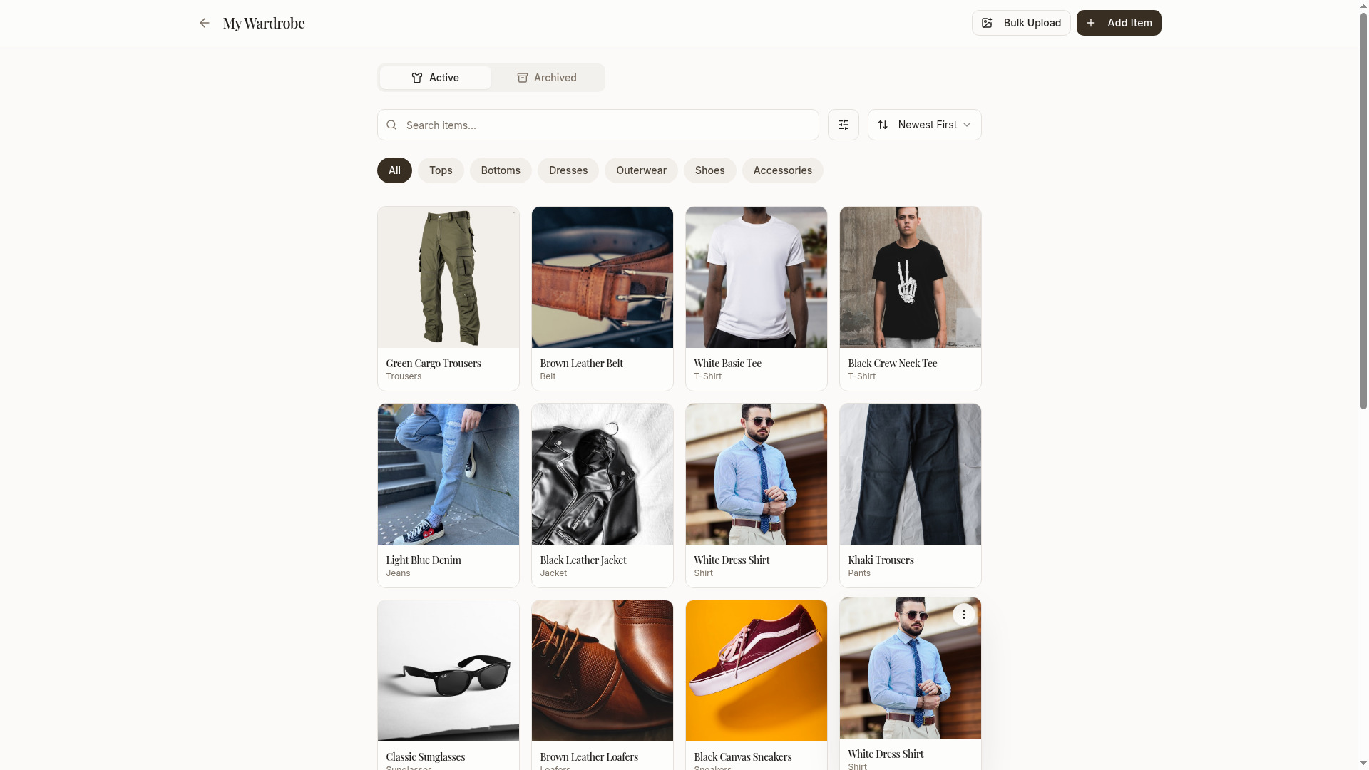 The My Wardrobe grid in AI Wardrobe, filled with photographed pieces